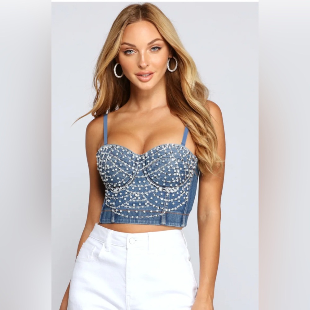Windsor Blue Denim Pearl Embellished Crop Top